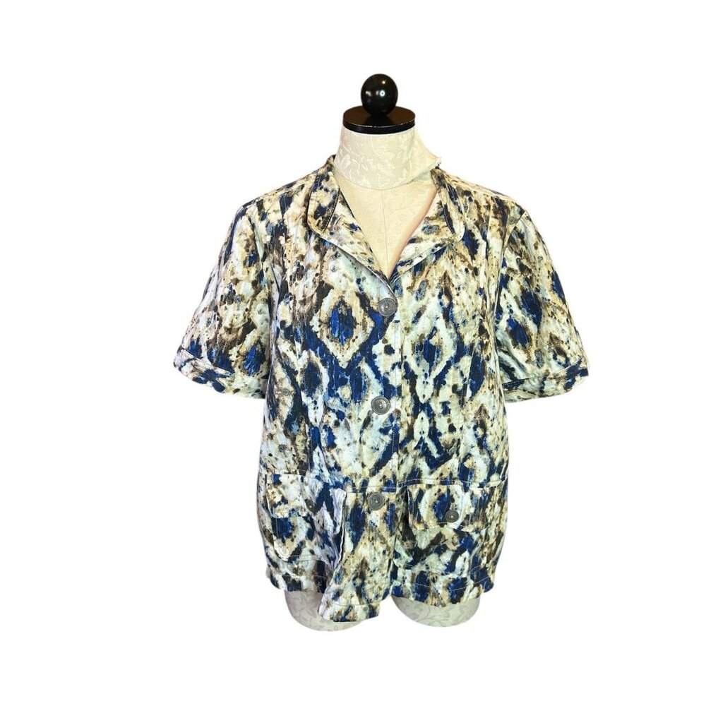 Chico's Blue & Tan Watercolor Cotton Knit Jacket Size 3 (L) Collared Button Down